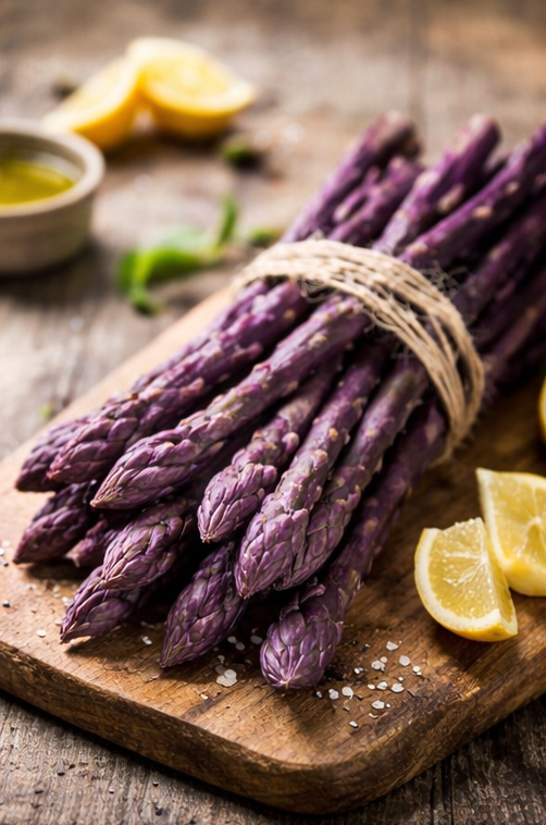 Bunch of purple asparagus on a light background