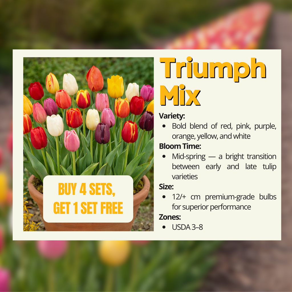 Potted plant with colorful tulips in a garden setting